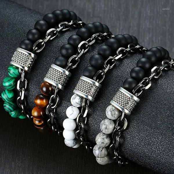 

tiger eye natural stone beads bracelets mens stainless steel green white black chain bracelet hip hop charm bracelets wholesale1