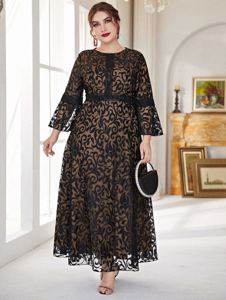 

plus flounce sleeve scroll print lace prom dress 20f0#, Black