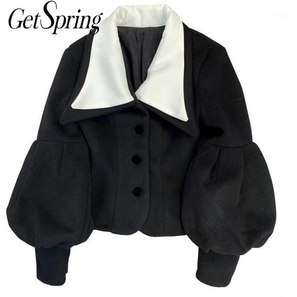 

getspring women woolen coats lantern sleeve bandage vintage winter coat women color matching short wool coat 2020 fashion1, Black