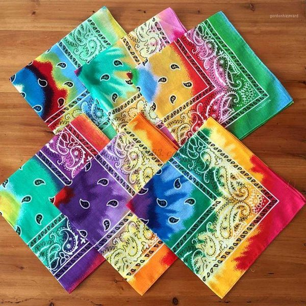 Multicolor Хлопковая галстука краситель Bandana Head Wraps Rainbow Swirl Paisley Floral Print Квадратный Шарф Женщины Мужской Шеи Запястья