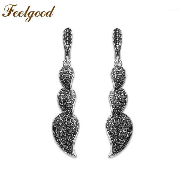 

feelgood 2020 new fashion vintage earrings silver color leaf earring with full black cz rhinestone for women party birthday gift1