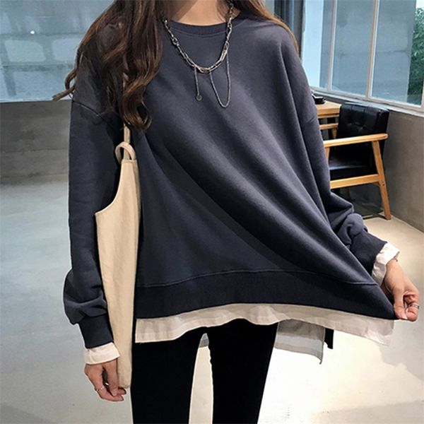 Falso in due pezzi con cappuccio autunno coreano pianura pullover oversize casual top ragazza dolce camicie Sweatershirt moda nuovo 201102