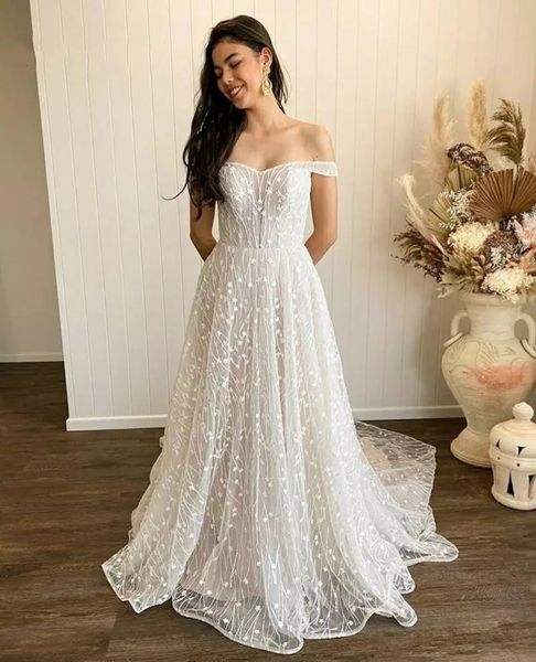 

new design off shoulder wedding dress lace floral appliques bride gowns buttons back sweep train romantic bridal dresses plus size, White