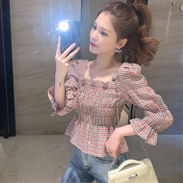 

autumn women's new check t-shirt square neck long sleeve open collarbone chiffon mesh red design bottom shirt