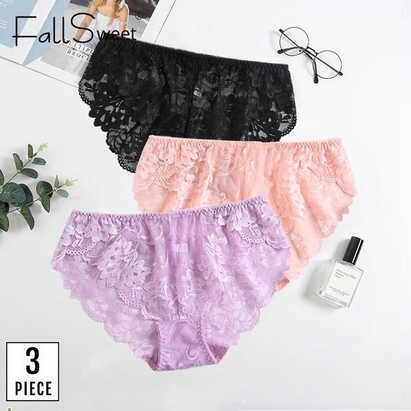 

fallsweet 3pcs/pack mid waist lace panties women plus size ultra thin briefs xl to xxxxl solid underwear femme y200425, Black;pink