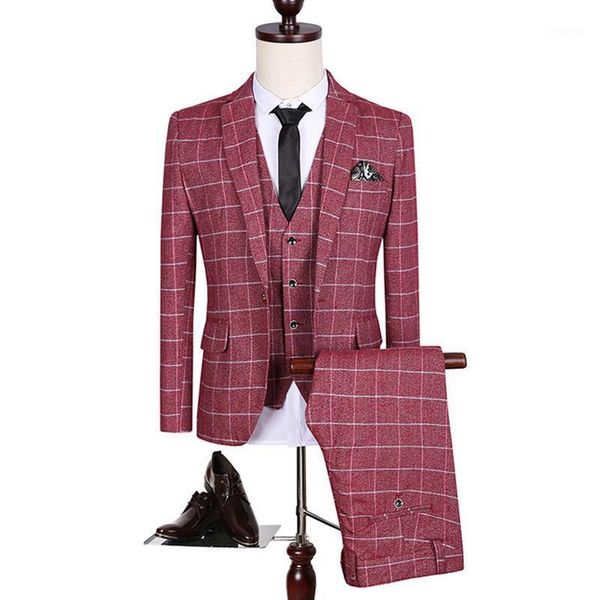 

toturn mens plaid suits korean business slim 3 piece suits for man red prom designer for men 98831, White;black