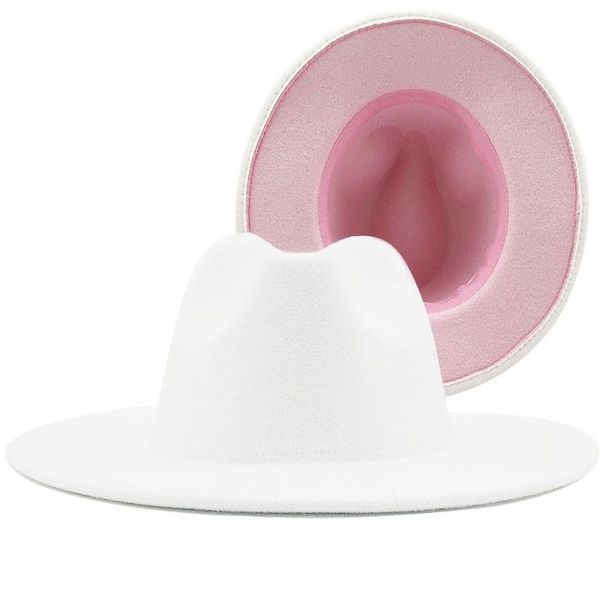 Novo exterior branco interior rosa lã feltro jazz fedora chapéus com fivela de cinto fino masculino feminino aba larga panamá trilby boné 56-58cm313d