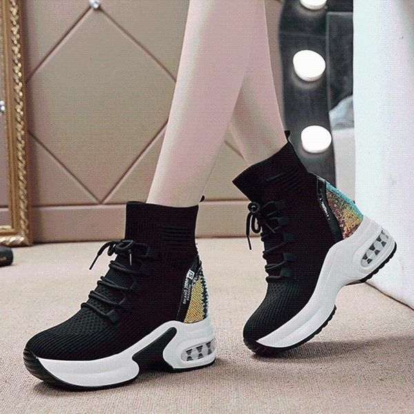 

elastic socks women's net red all-match 2020 spring new model elevator knitted skinny hight-skinny boots platform shoes, Black
