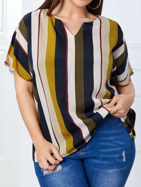

plus block striped notched neckline batwing sleeve blouse n9st#, Black