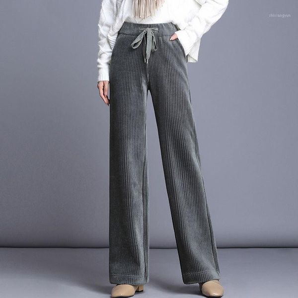 

solid corduroy wide-leg pants women's spring autumn 2021 new arrived fashion elastic high waist loose straight flare trousers1, Black;white