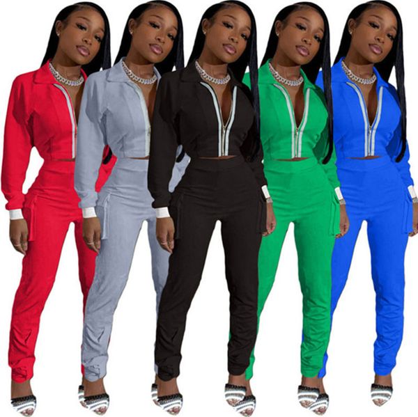 

womens two piece set outfits long sleeve legging tracksuit jacket pants sportswear panelled outerwear tights sports new 2020, Gray