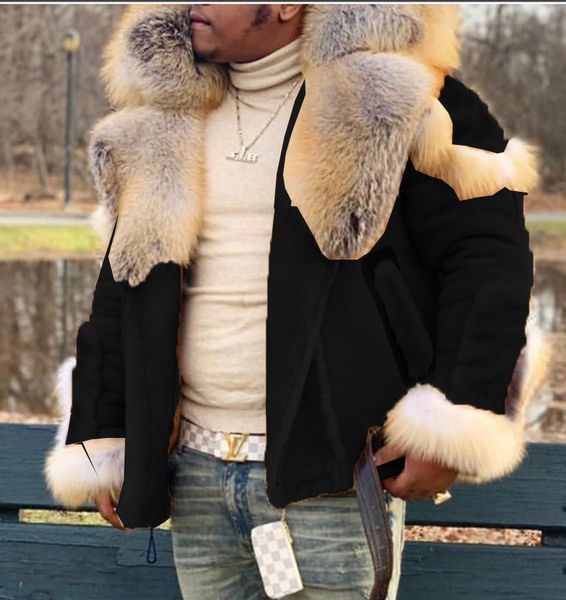 

currently available popular single popular mens faux leather velvet fur integrated big fur collar long sleeve coat, Black