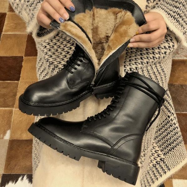 

boots vallu 2021 winter real fur leather thick short snow british style fashion warm wool rider outdoor ski1, Black