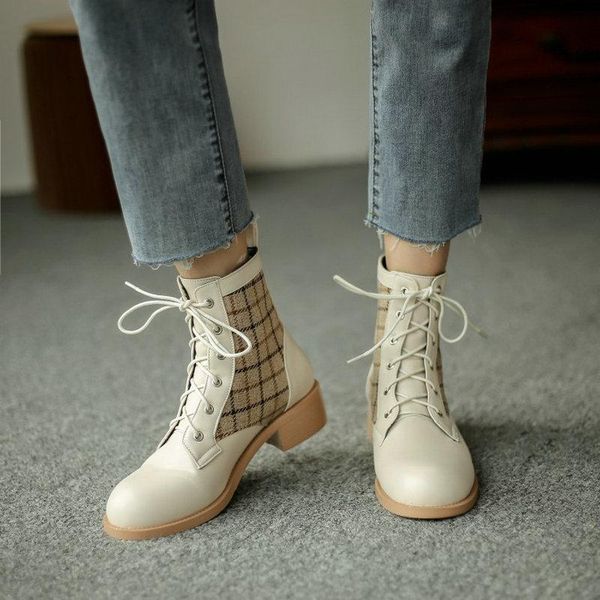 

extra big size 33-48 plaid checked woman's boots chunky middle heels cross-tied ladies ankle boots fleece warm winter shoes, Black