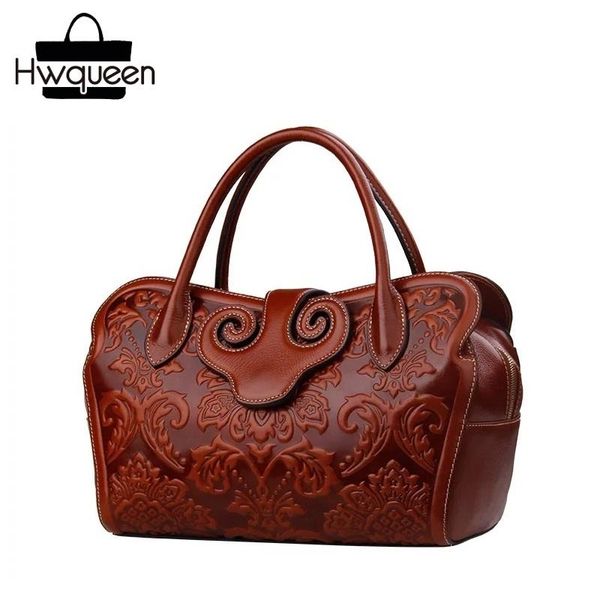 

china style embossing flower designer female brown handbag genuine leather vintage women shoulder bag lady floral pillow purse