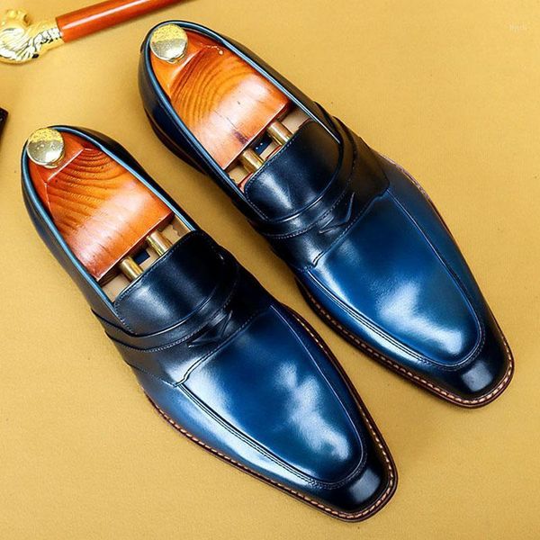 

spring / autumn genuine leather black blue loafers square head slip-on italian business wedding oxford dress office mens shoes1