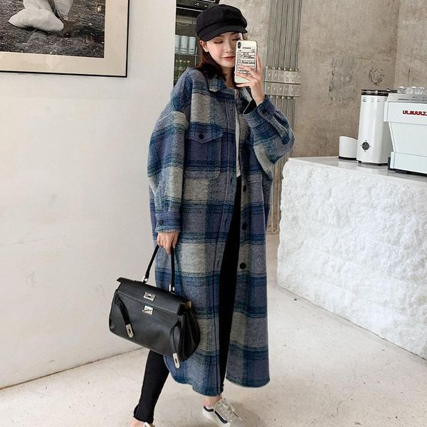 

women's winter loose long plaid retro thick warm casual woolen coat female blue outwear wool jacket1, Black