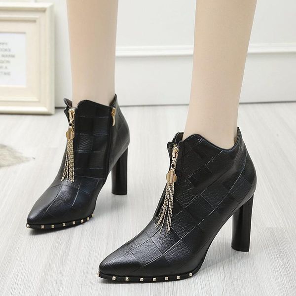 

women fashion tassel chain thin high heels ankle boots elegant pointed toe autumn botas mujer black rivet casual shoes