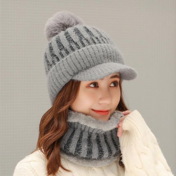 

beanie/skull caps brand winter visor hats women mixed color knit beanie skullies hat female thick velvet hair ball warm bonnet bib set, Blue;gray