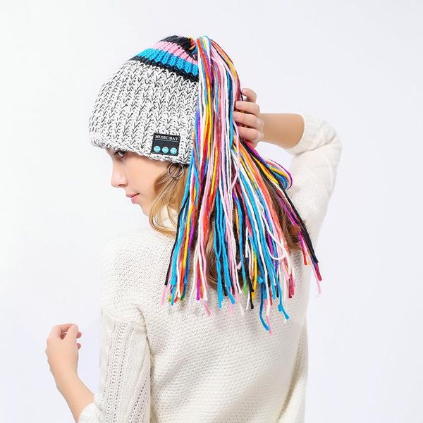 

winter hat wireless bluetooth 4.2 smart cap headphone headset speaker mic women warm dirty braid hat with long hair christmas, Blue;gray