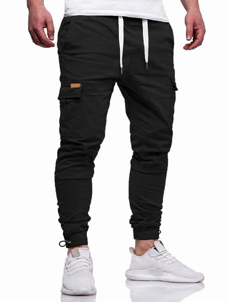 

men drawstring hem pocket side cargo pants i3cv#, Black