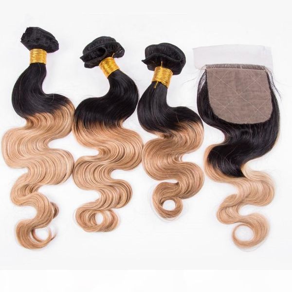 

body wave #1b 27 honey blonde ombre brazilian human hair weave bundles with 4x4 silk base closure ombre light brown virgin hair extensions, Black
