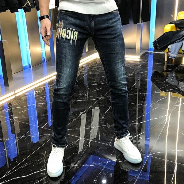 

young men's korean version of the autumn new 2020 slim slimming simple diamond letters trend stretch jeans men, Blue