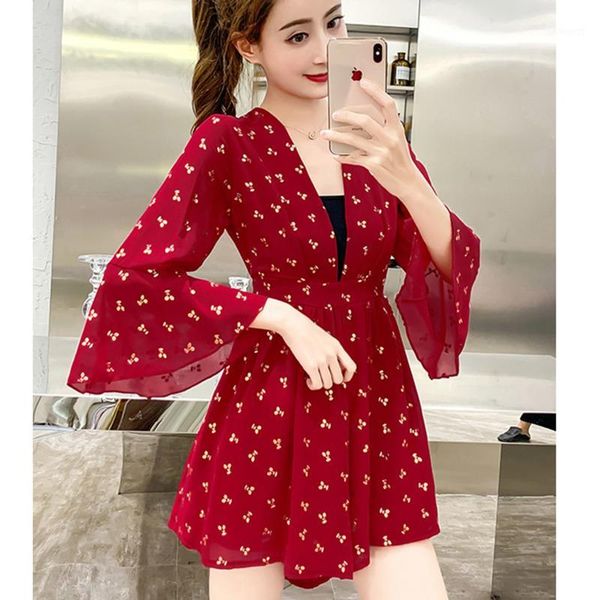 

#1574 black red transparent chiffon playsuits women v neck vintage printed wide leg short jumpsuit flare sleeves summer1, Black;white