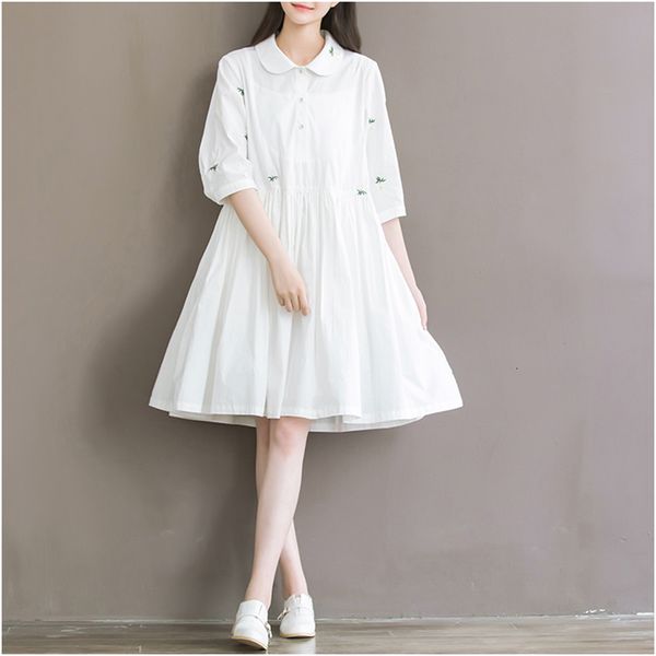 

new casual white female summer dress embroidered loose seven-bedroom sleeve over the knee dressed up elegant and simple office dress, Black;gray