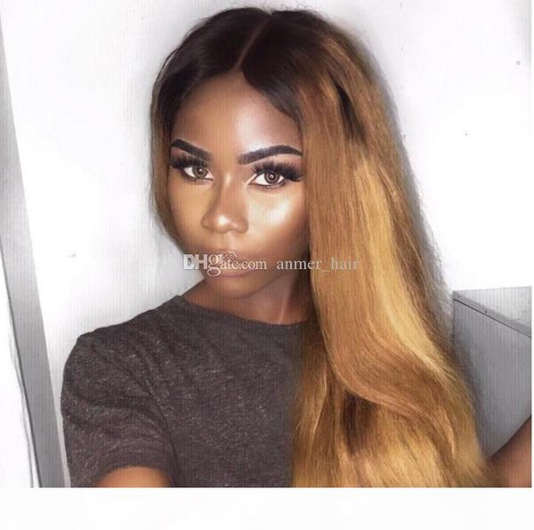

#1b 27 honey blonde ombre virgin indian remy lace front human hair wigs with baby hair 130% density straight glueless full lace wigs, Black;brown