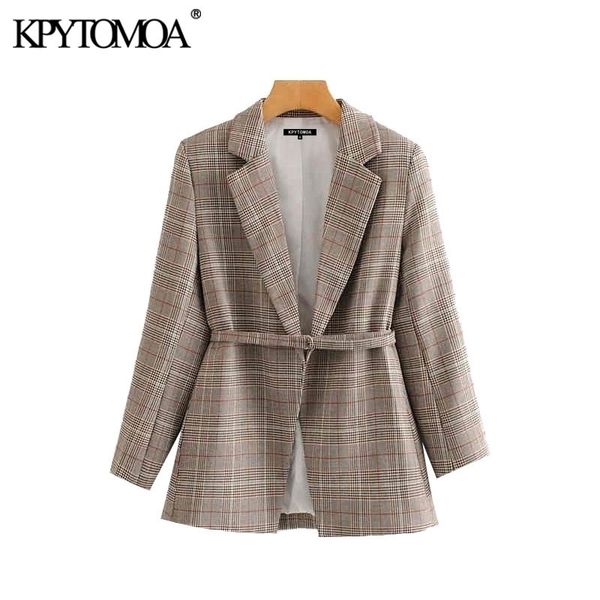 

vintage stylish office wear plaid blazer coat women fashion long sleeve with belt female outerwear chic 201201, White;black