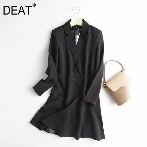 

casual dresses [deat] 2021 spring autumn fashion tide v-neck high waist long sleeve solid color a-line temperament women dress 13u825, Black;gray