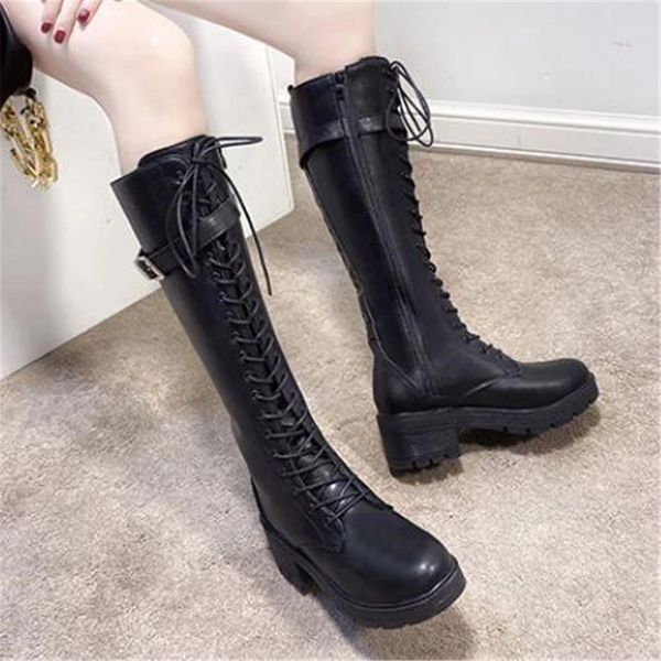 

2021 new women high knees fashionable women's lace up black leather shoes soft lady motorcycl boots 48cx
