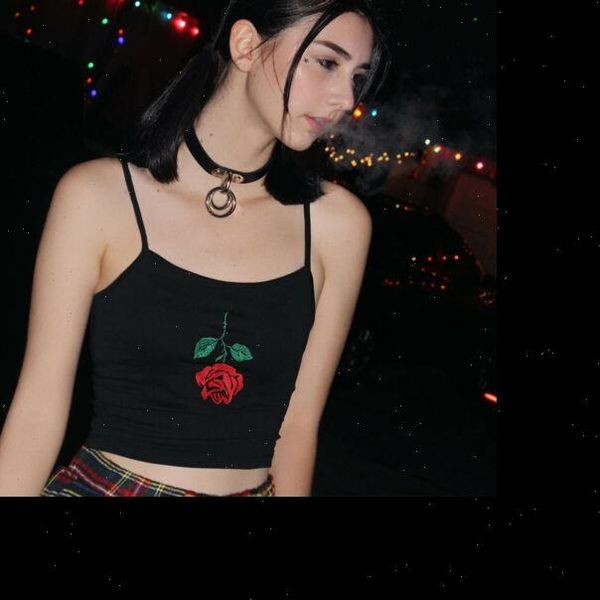 

summer female crop cotton women sleeveless straps tank rose flower embroidery camis casual tee, White