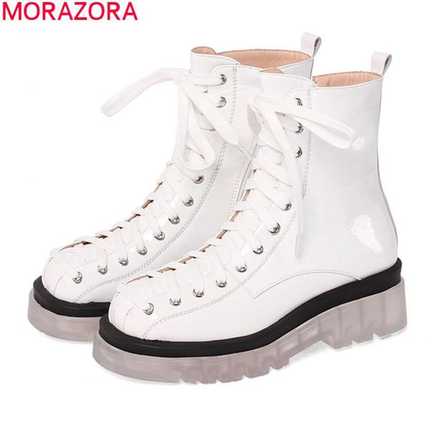 

morazora 2020 genuine leather boots thick heels square toe ladies shoes fashion lace up platform ankle boots for woman, Black