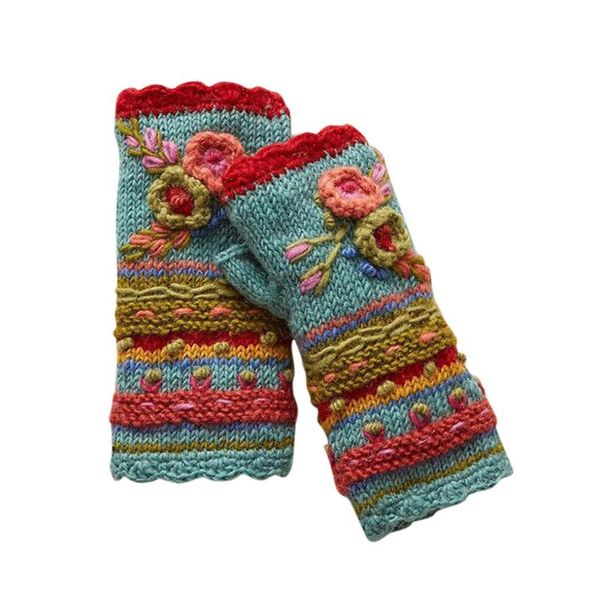 

five fingers gloves winter women warm casual flower knit girl handwarmers mittens, Blue;gray
