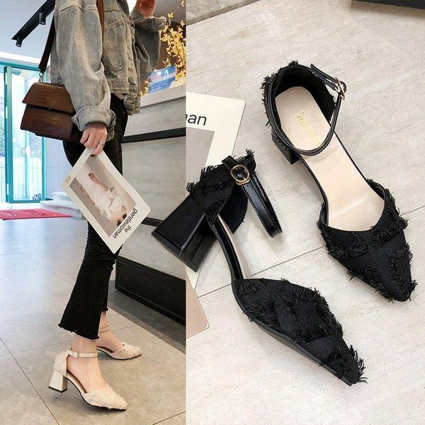 

dress shoes net red small clear high-heeled women 2021 wave thick with a word baotou sandals wild pointed suede shoes1, Black