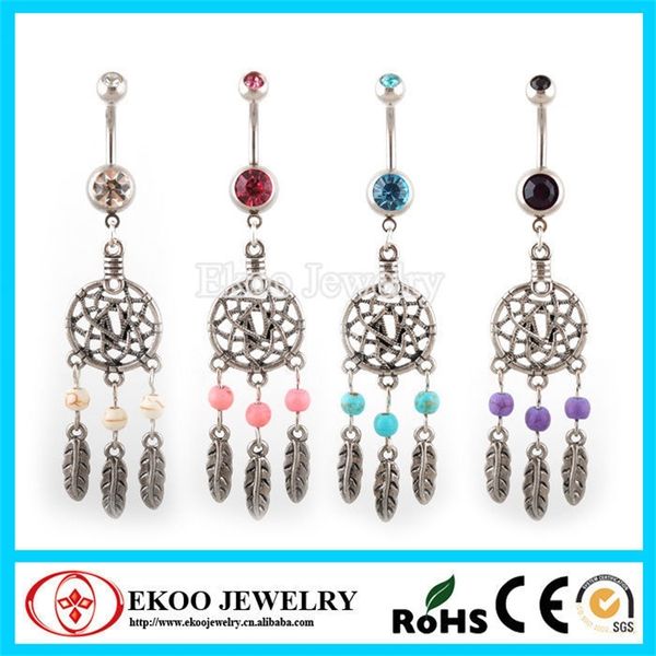 

dream catcher belly ring with bead accents feathers t200508, Silver