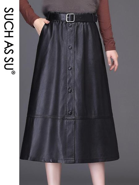 

skirts 2021 autumn winter arrival ladies button black brown red pleated high waist leather plus size women sashes