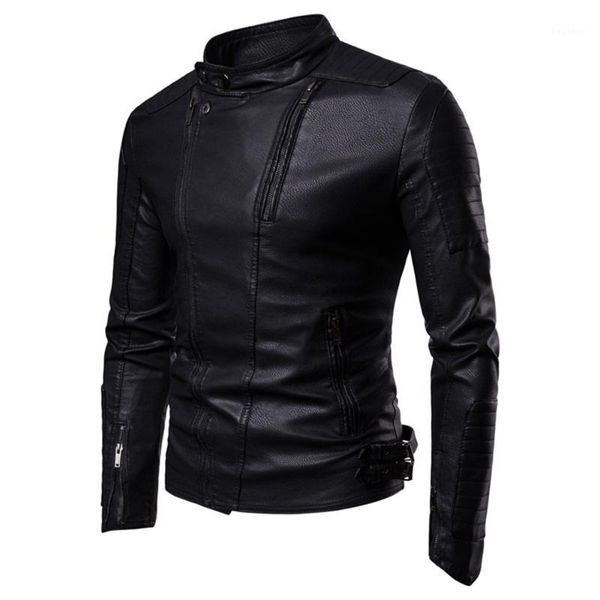 

2020autumn and winter new ruched solid stand collar motorcycle zipper pocket slim fleece warm men's leather jacket1, Black