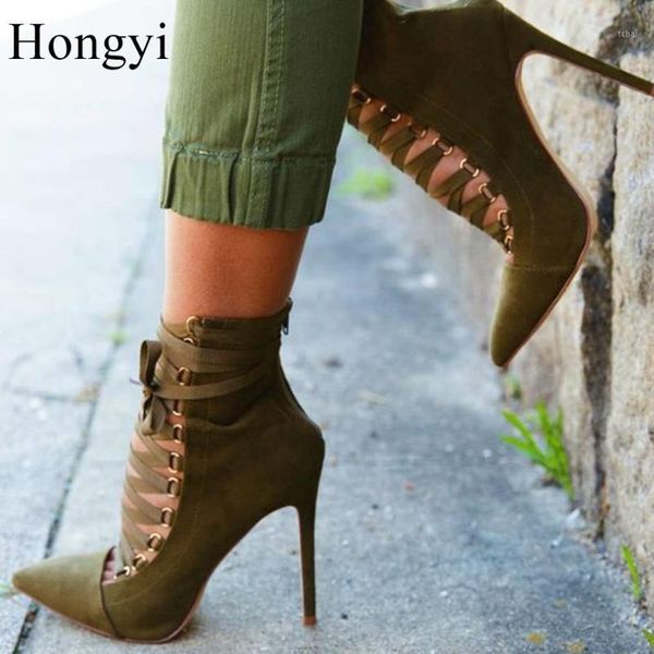 

boots hongyi brand soft suede leather pointed toe high heel woman lace up season ankle botas big size booty1, Black