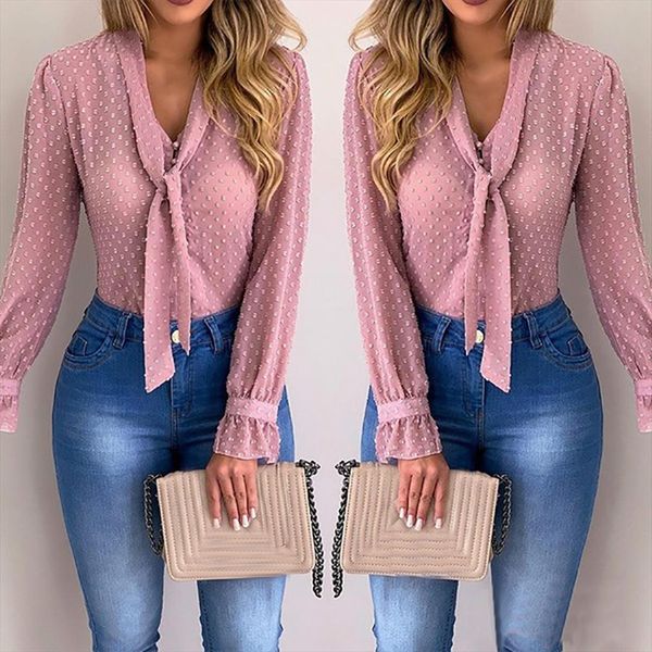

new elegant chiffon blouses women autumn fashion long sleeve v neck pink shirt office blouse slim casual female plus size, White