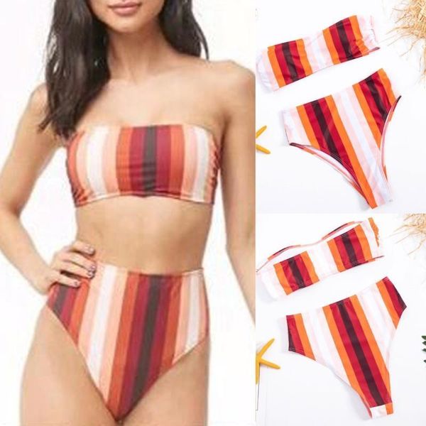 

women two-piece bandeau stripes high waist bikini set swimwear beachsuit swimsuit beachwear bathing suit summer biquini1