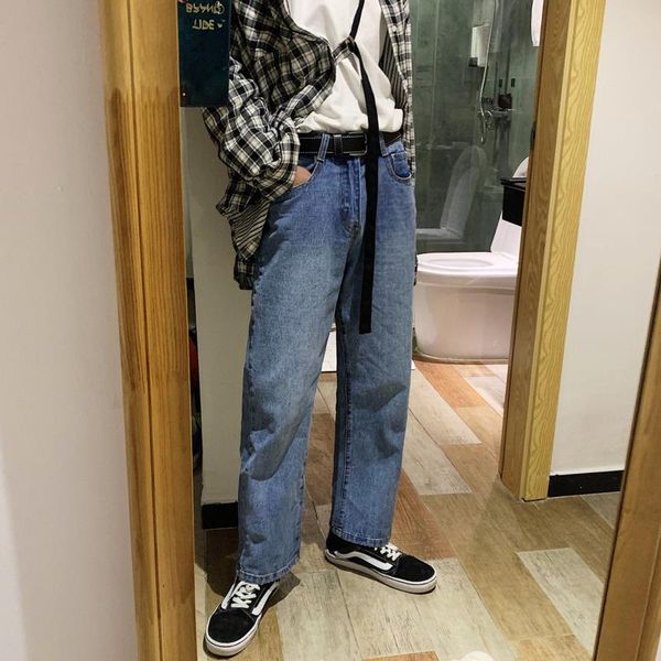 

autumn new jeans men fashion washed solid color casual denim pants man streetwear hip hop loose cowboy trousers male clothes, Blue