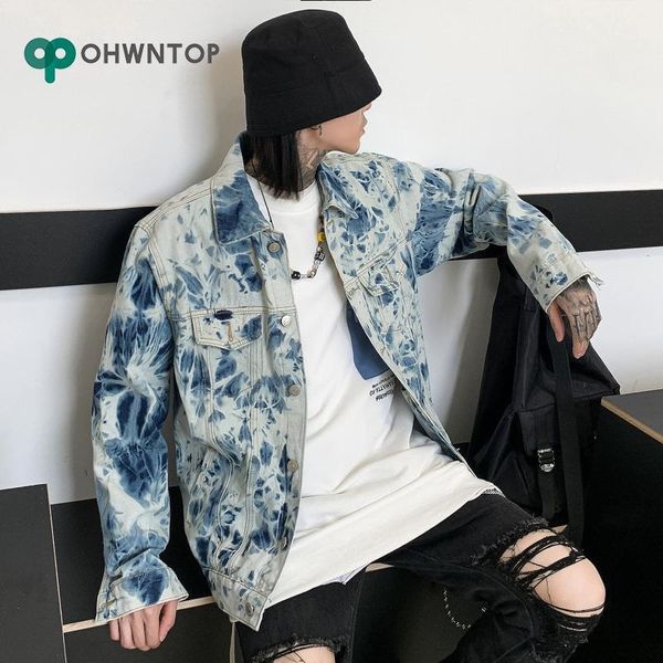 

graffiti streetwear flash tie dyeing denim jackets men loose oversize jeans jackets street jacket harajuku coat male windbreaker1, Black;brown