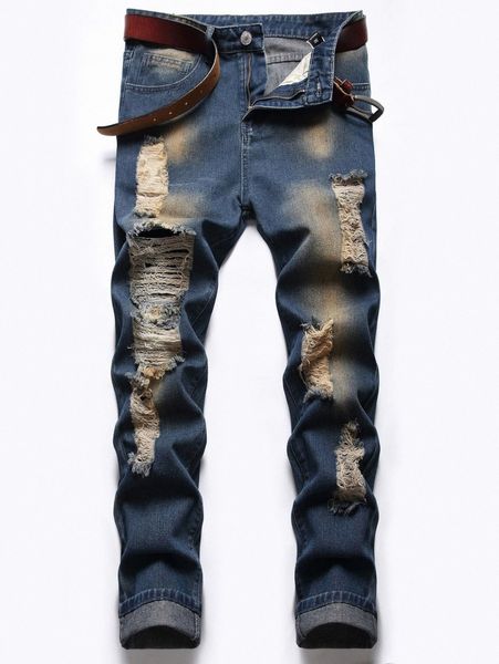 

romwe guys washed ripped jeans e6y6#, Blue