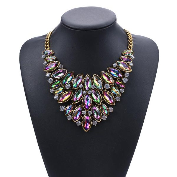 

multicolor crystal vintage big choker necklace women bohemian fashion large collar necklace gold chains maxi statement, Golden;silver