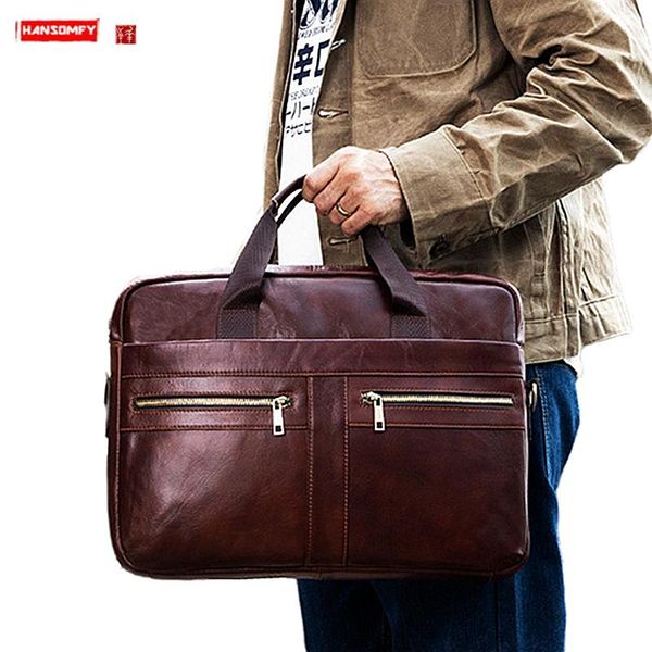 

soft genuine leather men's briefcase 15.6 inch lapbag men handbags travel shoulder bag cowhide multifunctional portable bags