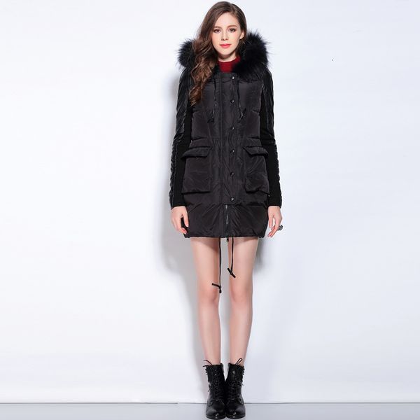 

fyyiyi 2021 down jacket women's autumn and winter new fashion fur collar hooded slim jacket thick long coat women's coat, Black