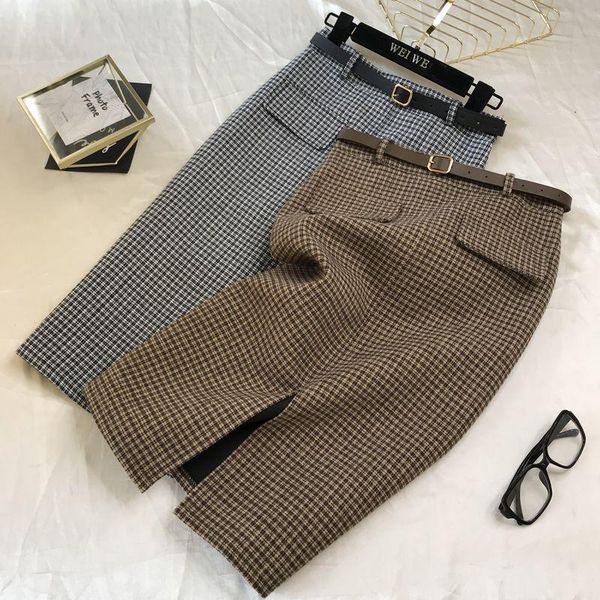 

skirts 2021 split step hip skirt plaid woolen high waist, Black